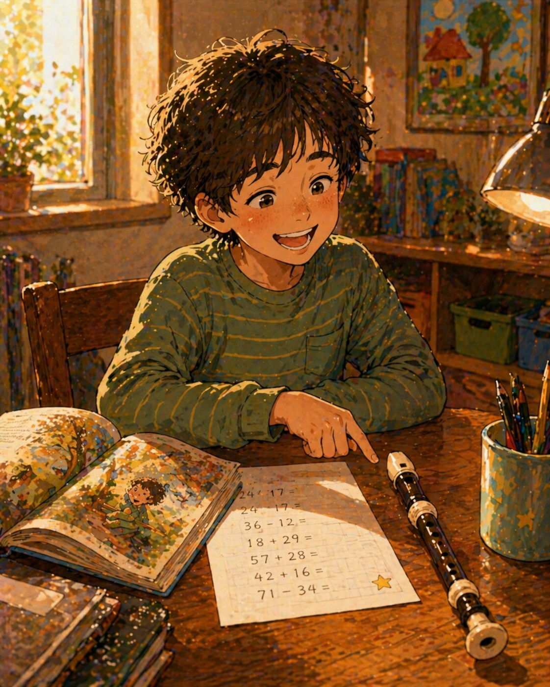 A child of about 7 at a desk with an open picture book, a sheet of math problems, and a recorder, smiling with a moment of recognition