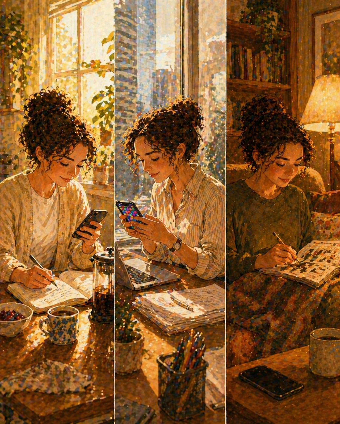 Triptych of the same person at three points in a day: morning at a sunlit kitchen with phone and journal, midday at an office window playing a brief game, evening on a couch with a paper crossword