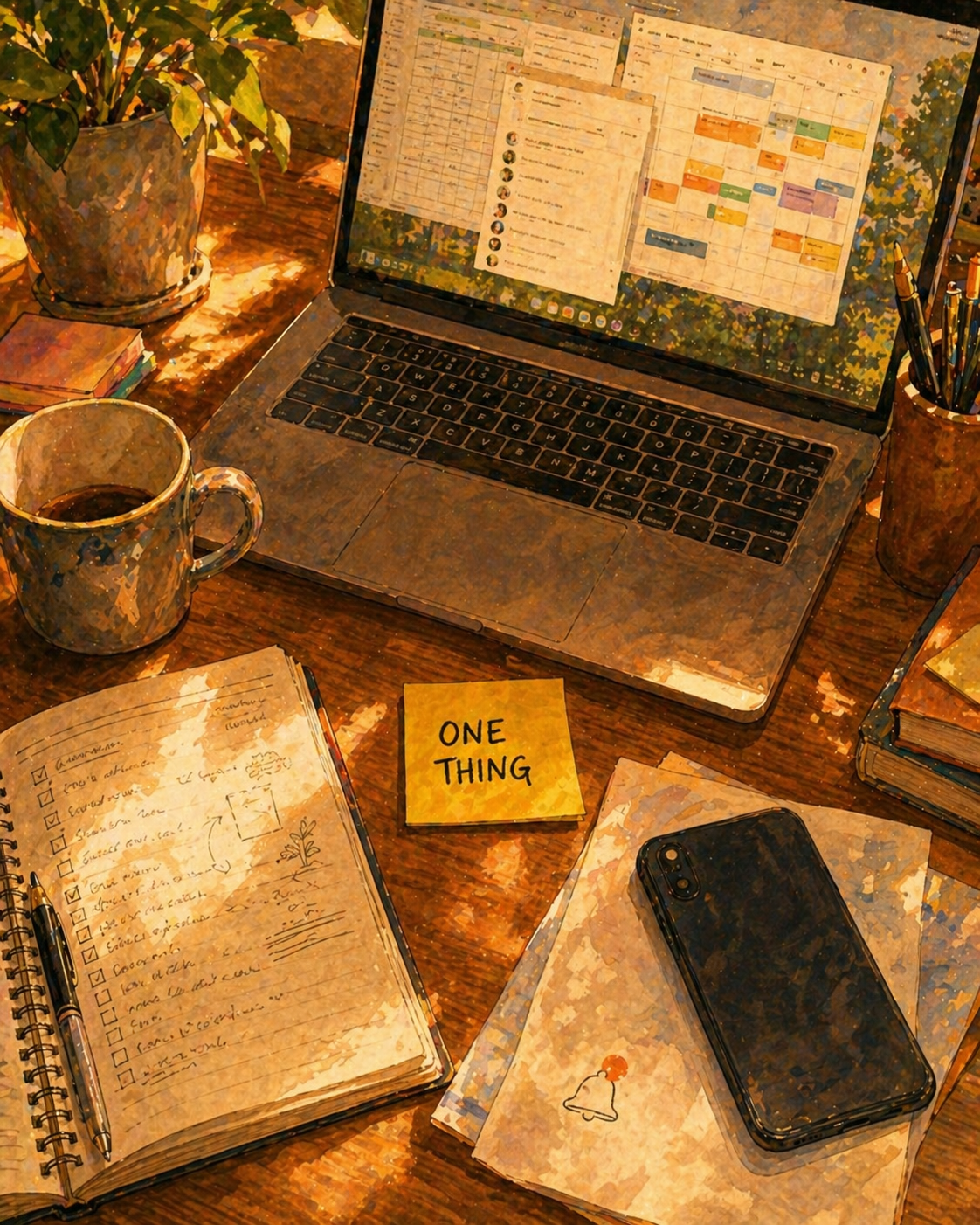 An overhead view of a workday desk: a laptop with several windows, an open notebook, a coffee mug, a phone face-down, and one bright sticky note that reads ONE THING