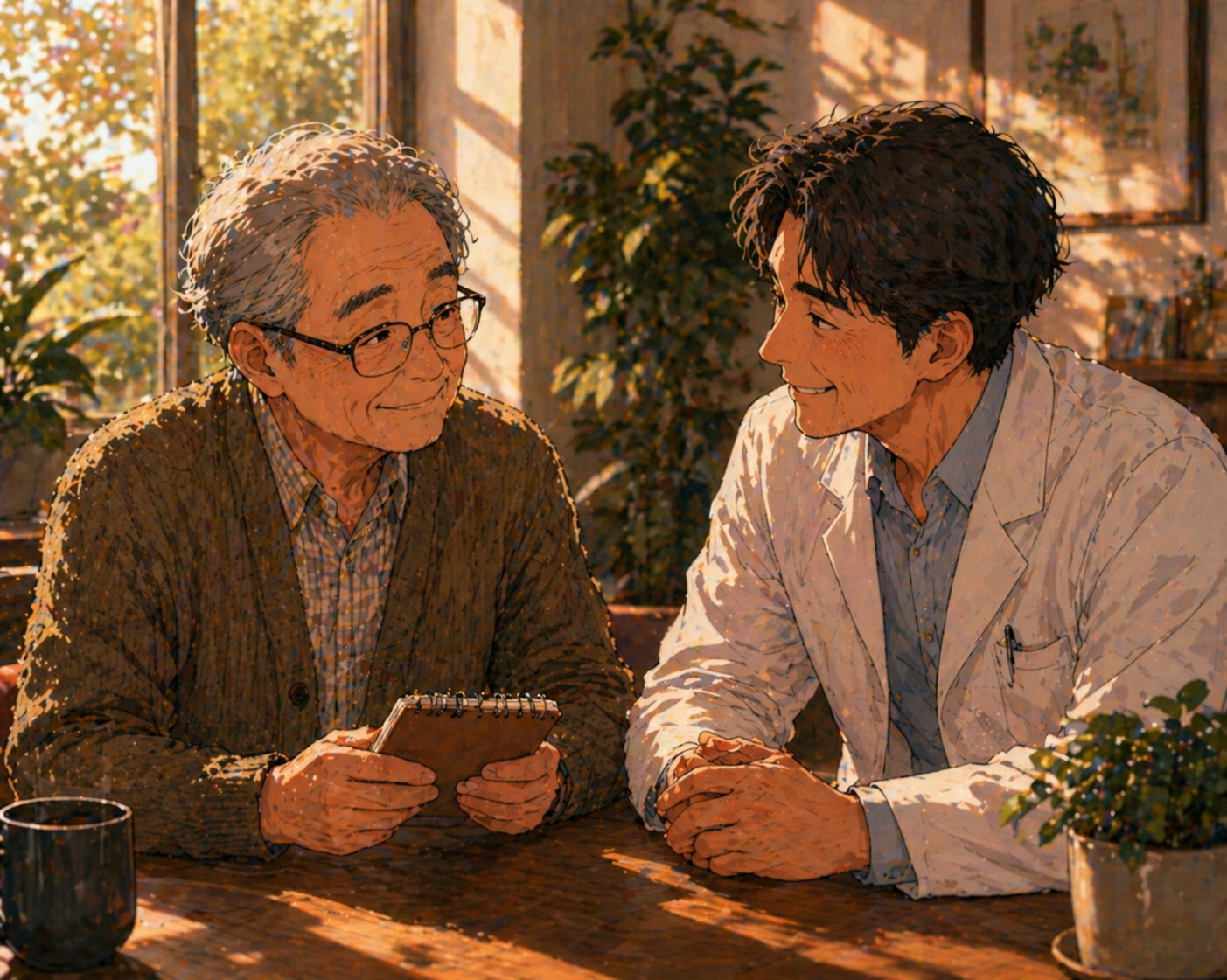 A senior patient and friendly doctor sitting side-by-side at a quiet table, the patient holding a small notebook