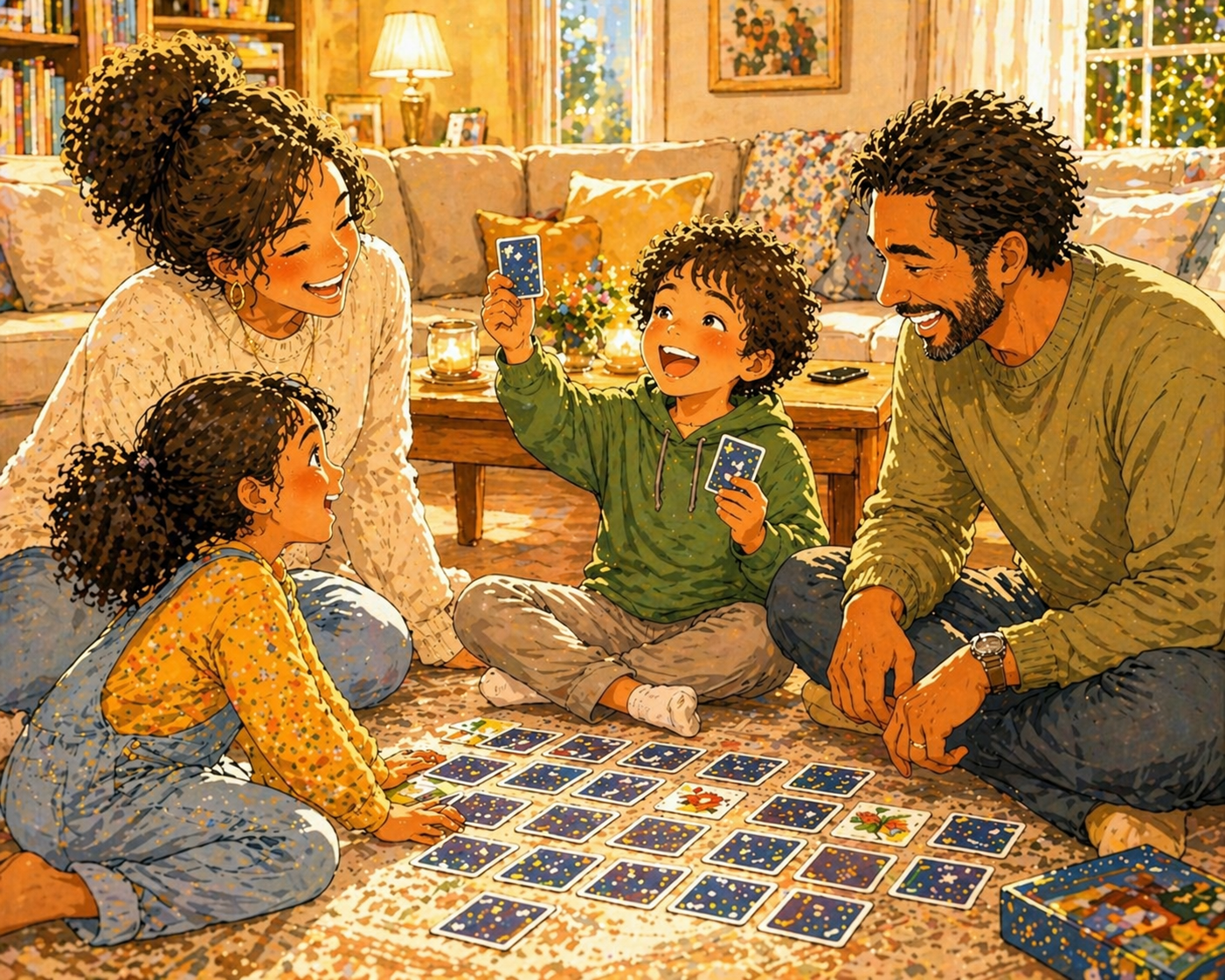 A family of four sitting on a living room rug playing a memory card game, laughing as a child holds up a matched pair