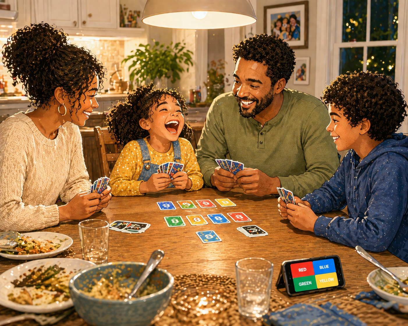 A family of four around a dining table mid-game, laughing as they play together with cards and a phone showing a colorful pattern