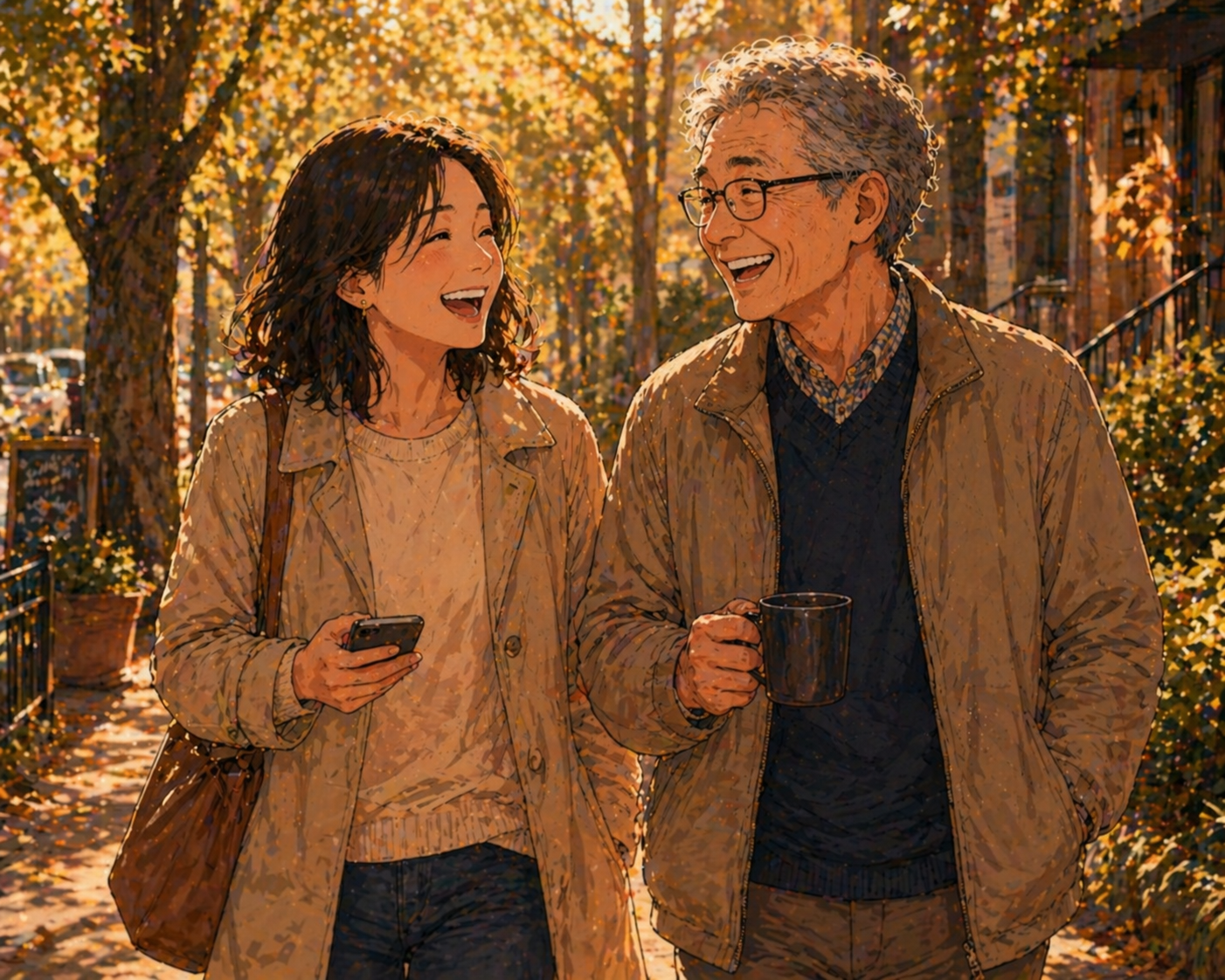 An adult daughter and her senior father walking together along a tree-lined autumn sidewalk, both laughing