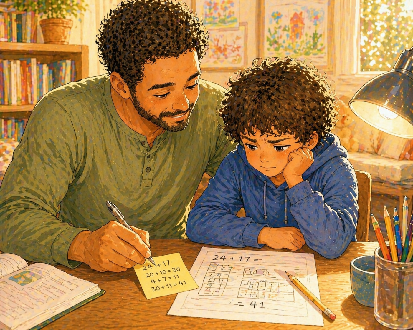 A father sitting beside his child at a homework desk, gently writing the steps of a math problem on a sticky note, warm lamp light
