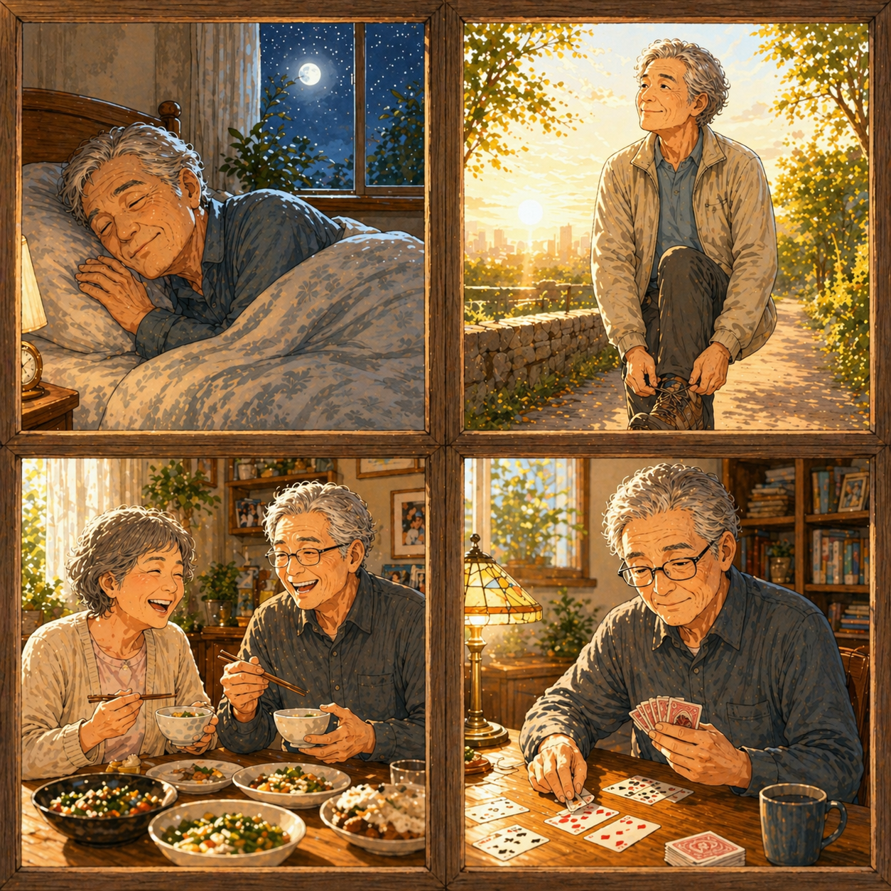 A four-panel illustration: a senior asleep in moonlight, walking at sunrise, sharing a meal with a friend, and playing cards alone