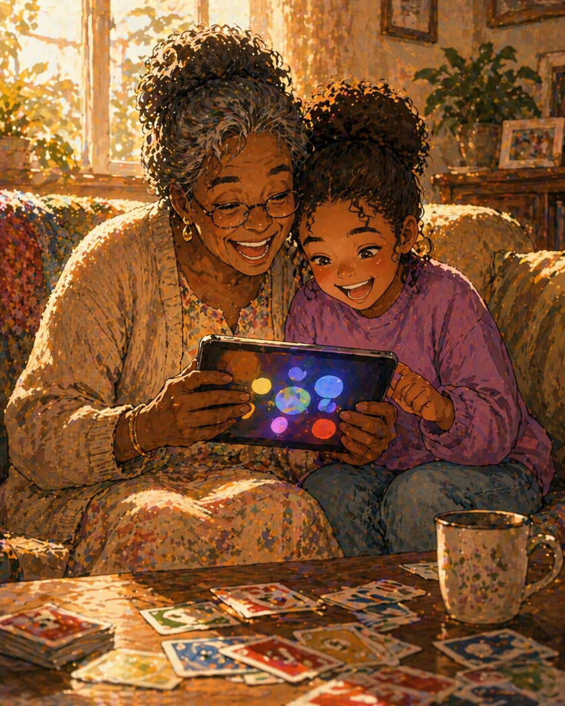 A grandmother and her young grandchild laughing together as they play a memory game on a shared device