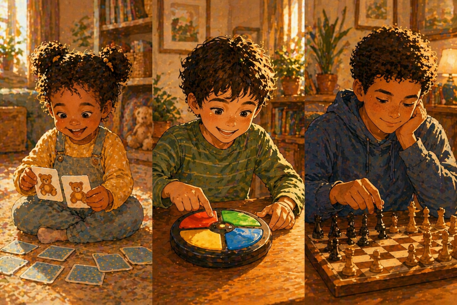 Three children at different ages playing memory games appropriate to each: a toddler with cards, a child with a Simon-style toy, an older child with chess