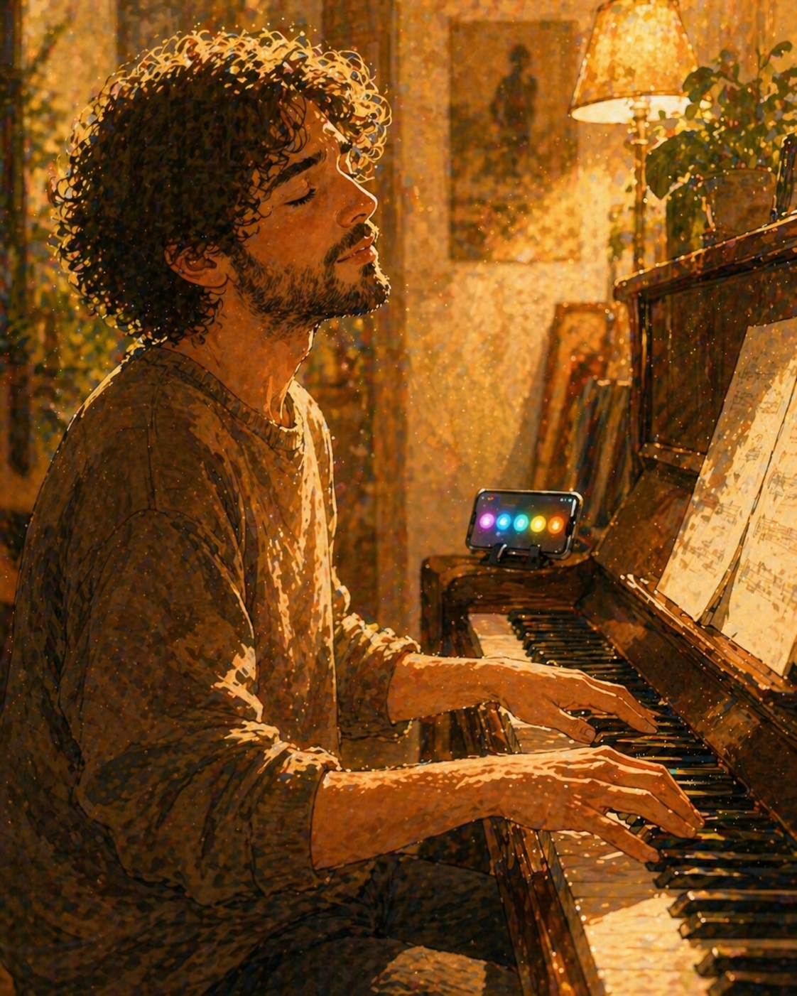 A musician at an upright piano, eyes closed mid-phrase, immersed; a smartphone on a stand beside them shows a colorful sequence of glowing buttons
