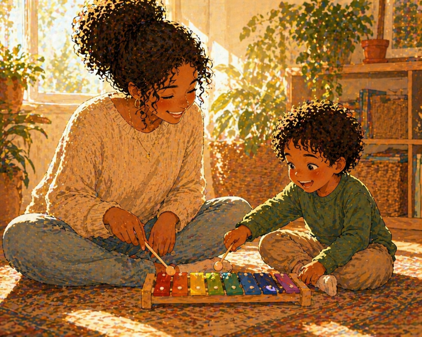A parent and small child sitting on a floor with a colorful xylophone between them, the child mid-imitation