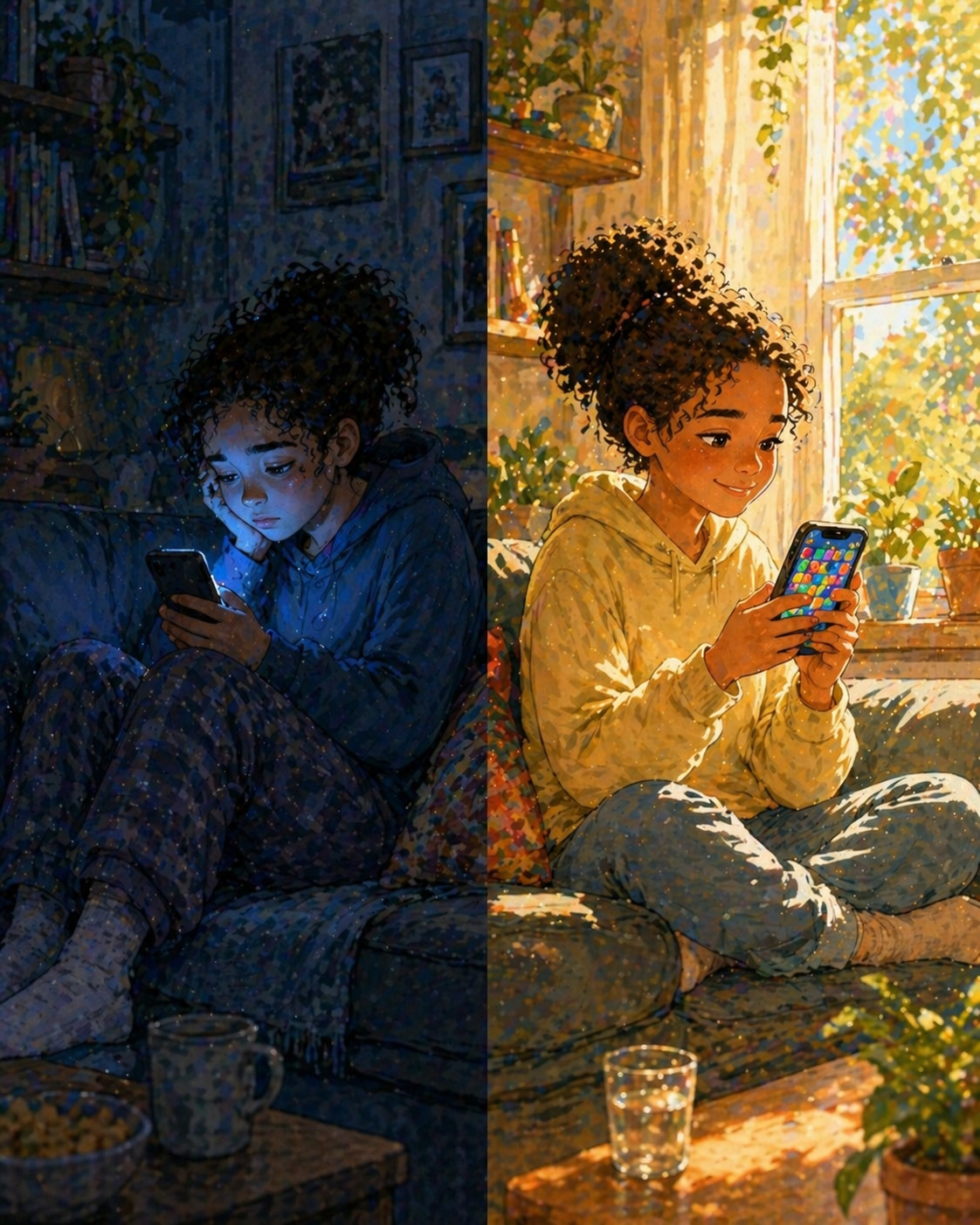 Split image: the same person hunched in dim light scrolling endlessly on the left, then upright in warm sunlight playing a colorful pattern game on the right