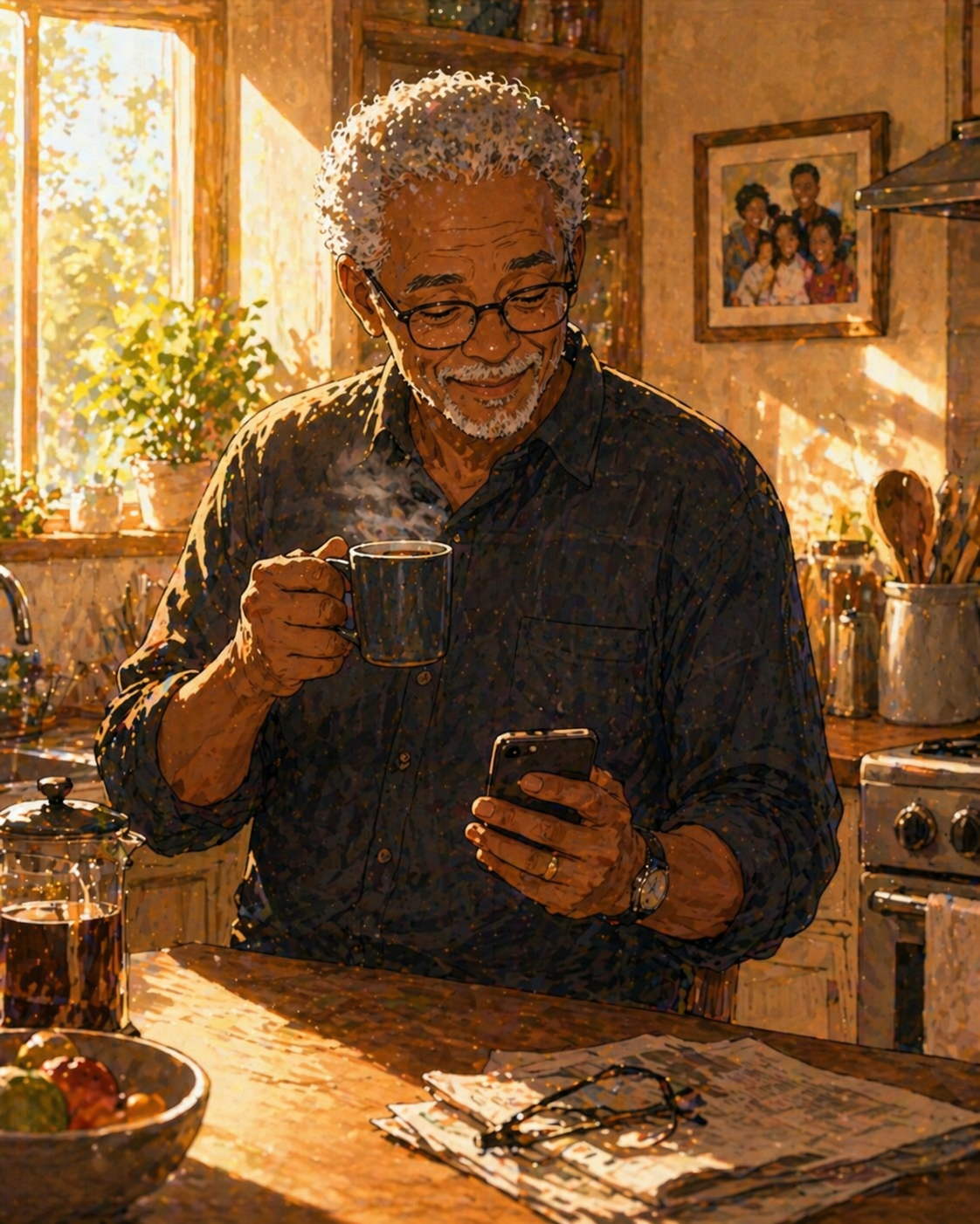 A senior man alone at his sunlit kitchen counter, holding a steaming coffee mug and a phone, a family photo on the wall behind him
