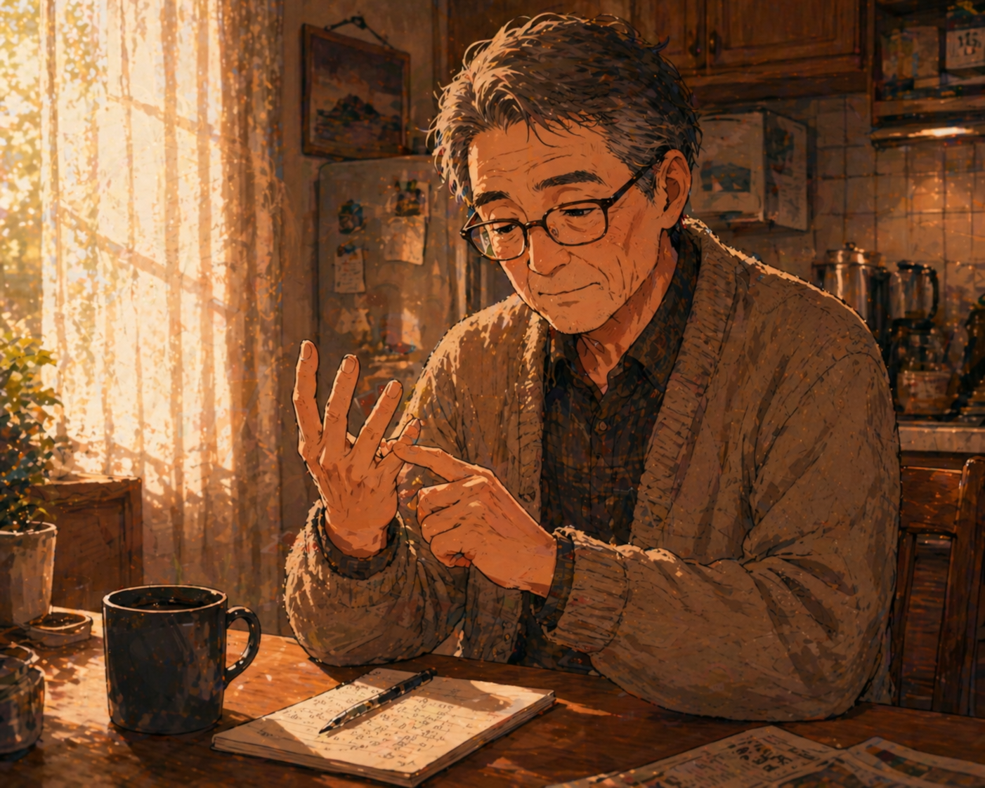 A senior man at a kitchen table counting silently on his fingers, morning light through a curtain, coffee mug and small notebook beside him