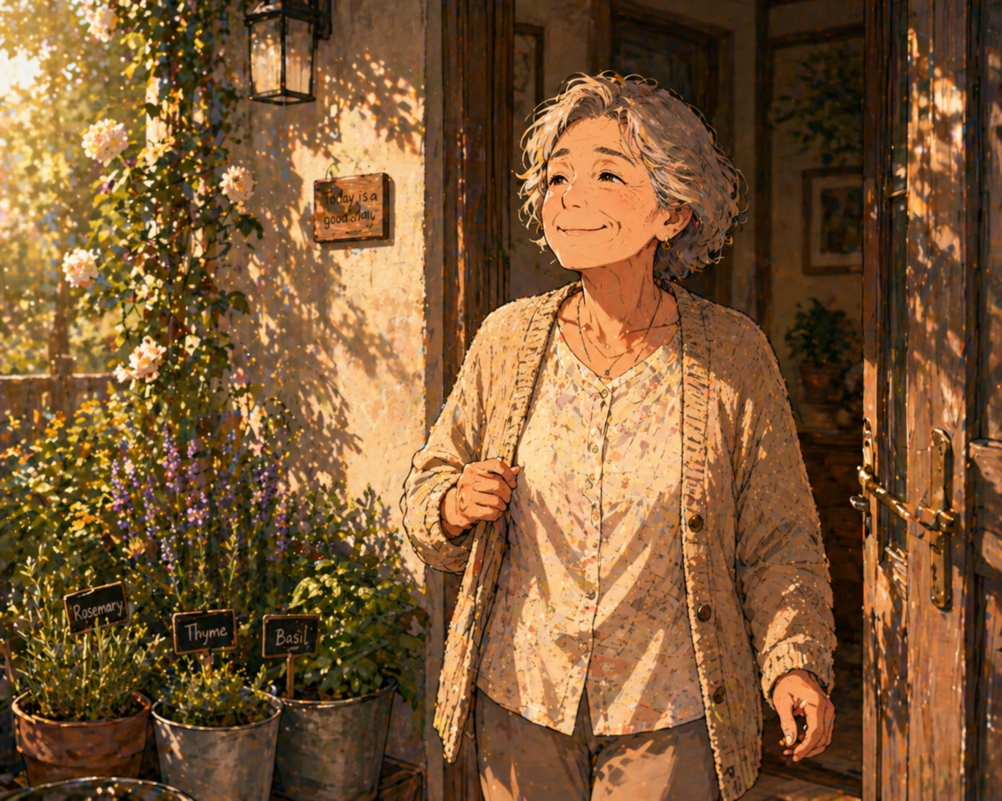 A senior woman stepping out her front door into bright morning sunlight, smiling softly, an herb garden beside the entrance