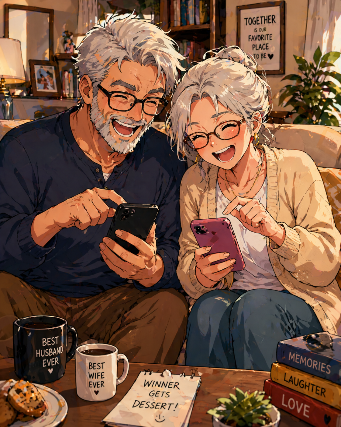 An older couple laughing together as they play a brain training game on their phones
