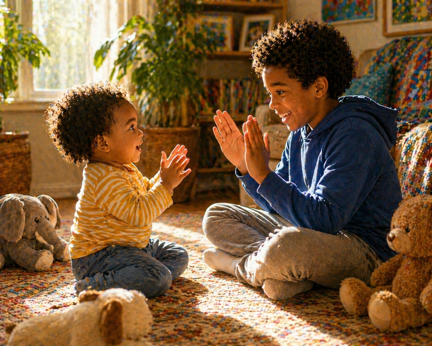 Two siblings sitting cross-legged on a sunlit rug doing a clap-back game, the toddler mimicking the older child's pattern