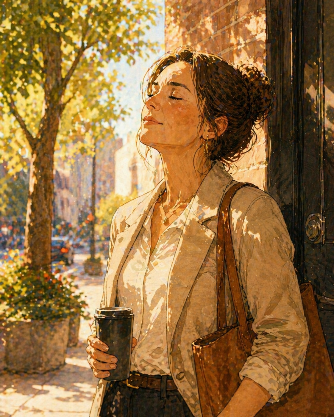 A woman taking a deliberate breath outside an office building, eyes closed, shoulders dropped, late-morning sun through a tree behind her